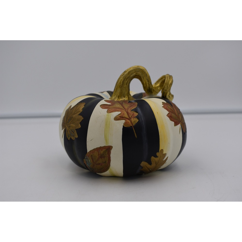 MacKenzie Childs Elegant Striped Pumpkin Fall Decor with Gold Leaves Small 6 in.